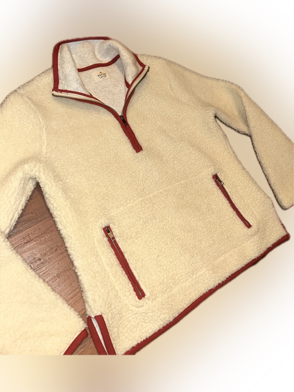 Marine Layer Corbet Cream Sherpa Teddy 1/4 Zip Sweater Jacket Red Orange Trim S - Picture 8 of 9